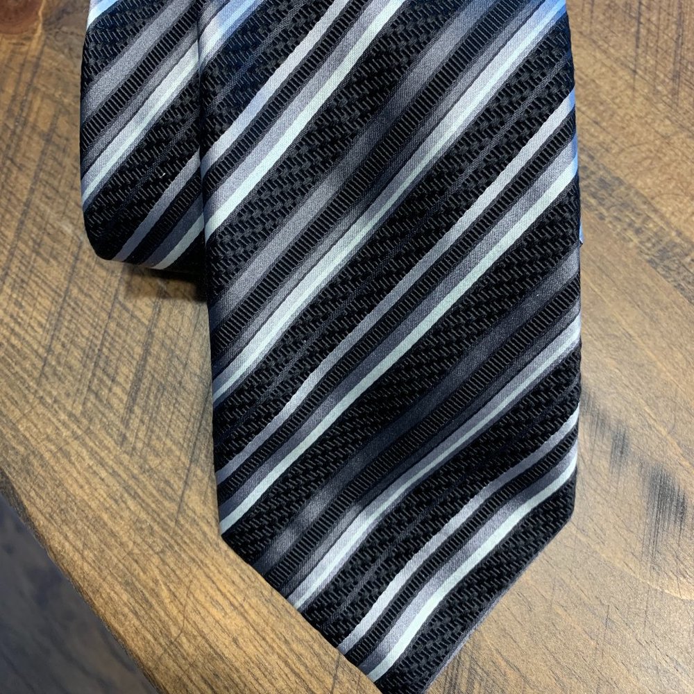CANALI Black Grey Silver Striped Silk Neck Tie